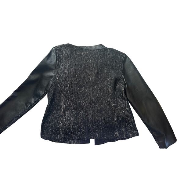 St John Couture Tweed wool Blazer Jacket Size 12 Black Leather Trim  button Knit - Picture 8 of 11